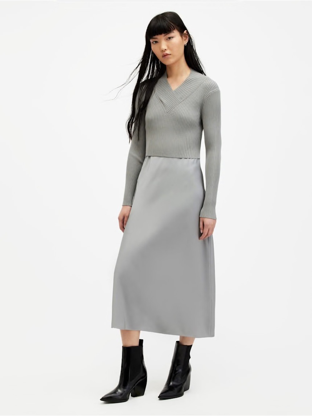 All Saints Light Grey Ribbed Knit Top & Satin Midi Dress Ensemble